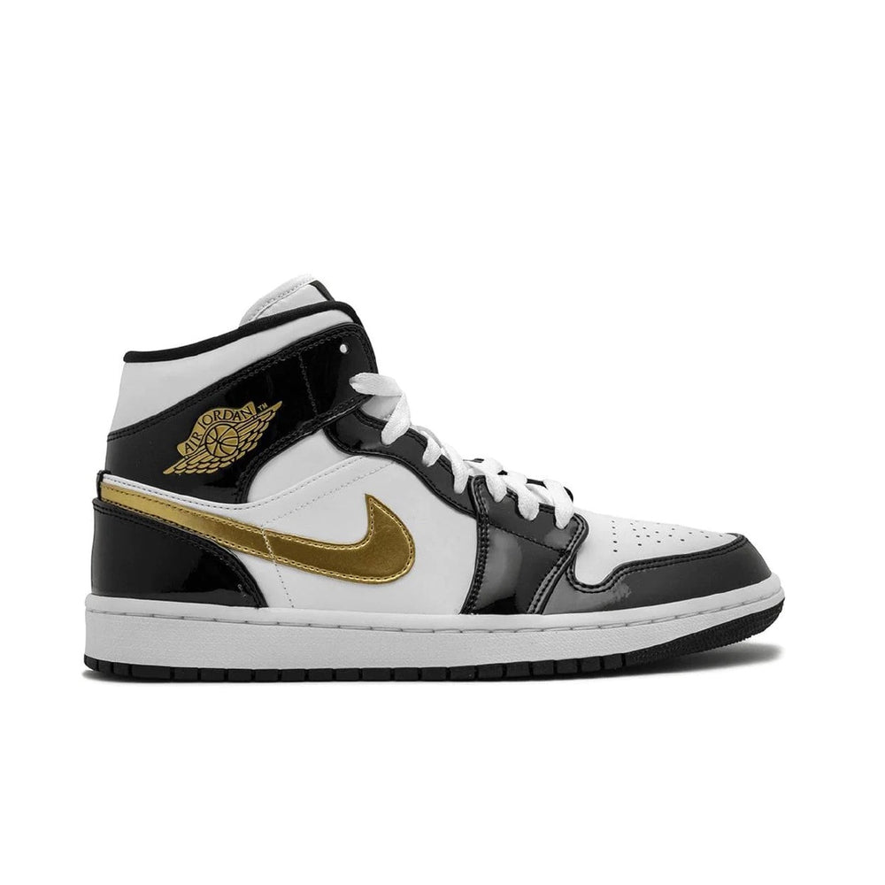 Jordan 1 Mid Patent Black White Gold MHB