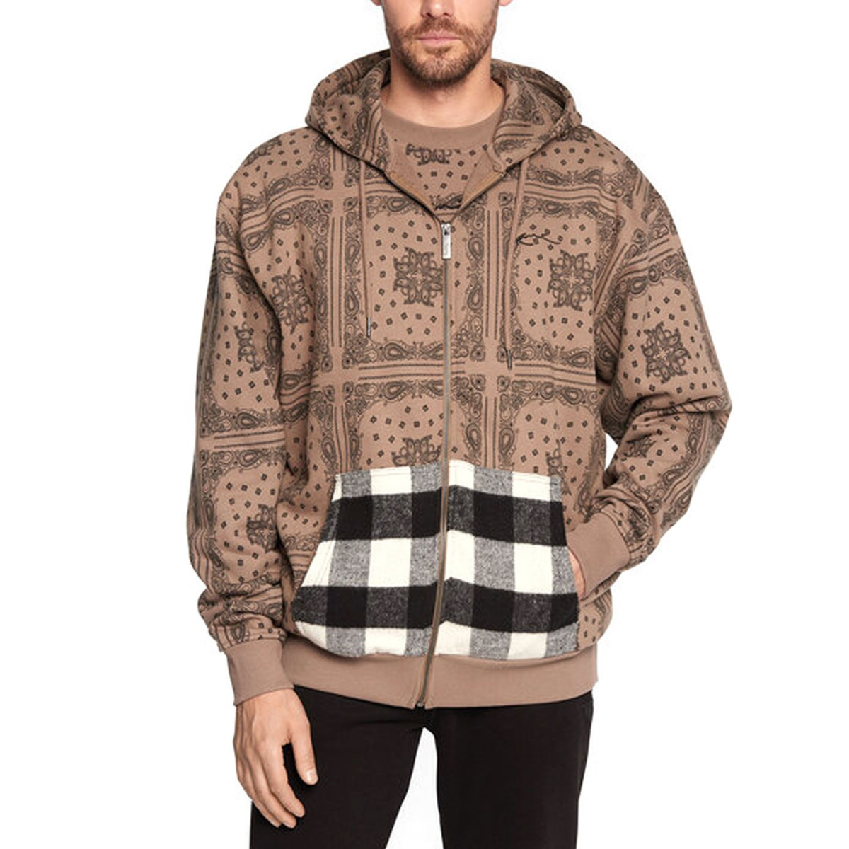 Chest Sign Patchwork Paisley Os Zip Hood dark taupe