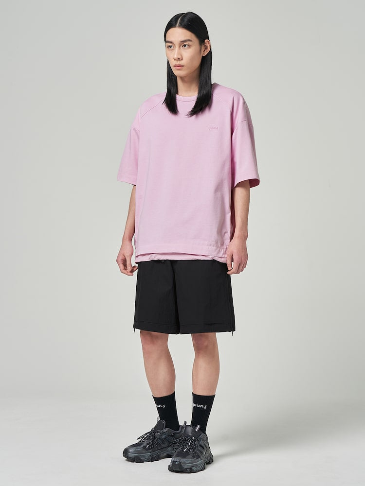 Layered Side Zip Short Sleeve T Shirts Light Pink
