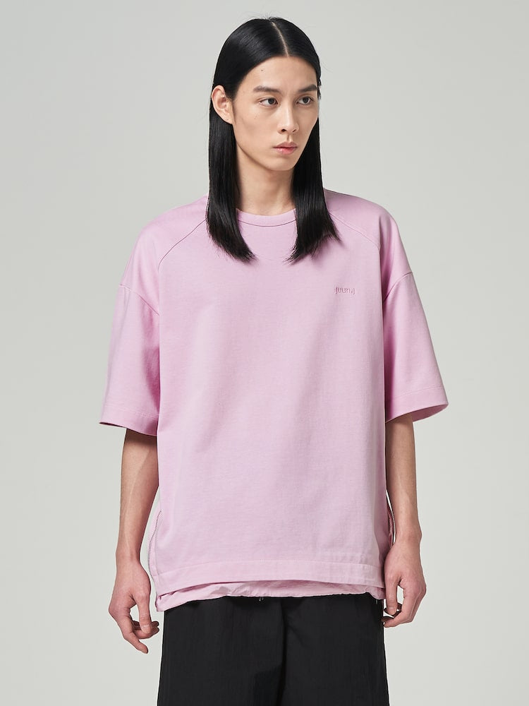 Layered Side Zip Short Sleeve T Shirts Light Pink