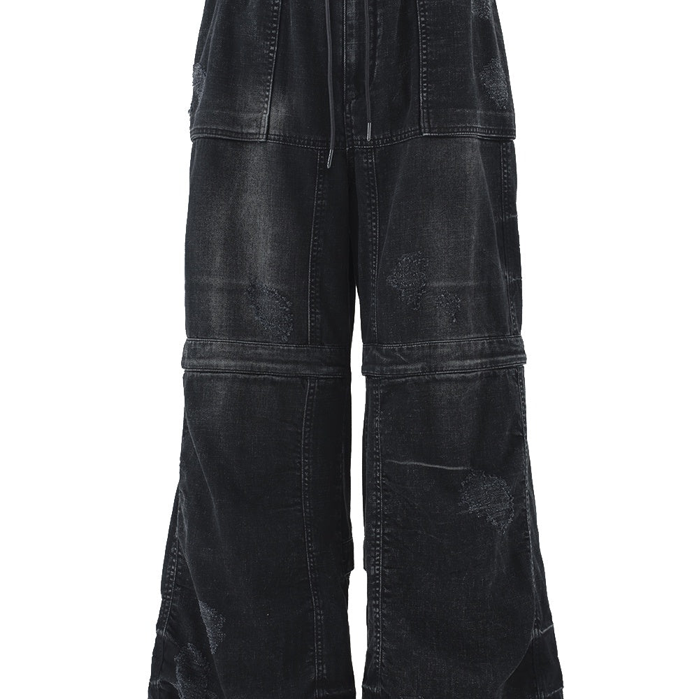 Distressed Denim Puckered Pants Black