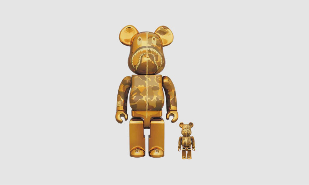 Bearbrick x BAPE Camo Shark 100% & 400% Set Gold